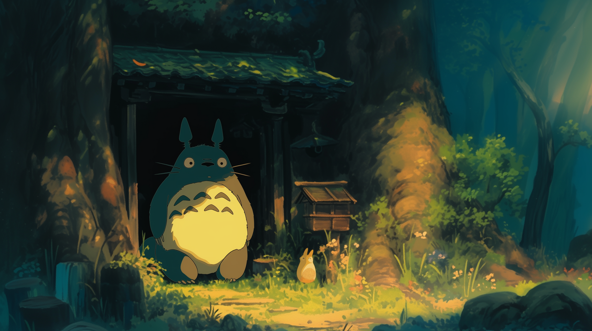HD desktop wallpaper featuring Totoro from Studio Ghibli's anime My Neighbor Totoro set in a serene forest scene with Totoro standing beside a small wooden structure.
