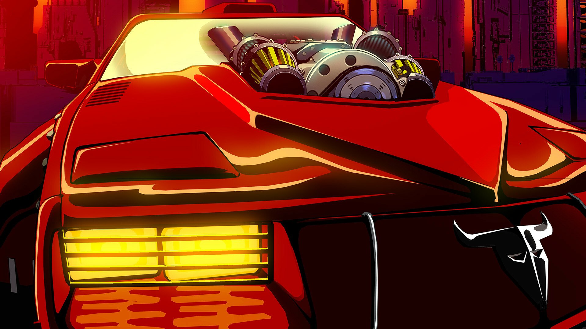 A vibrant HD desktop wallpaper from the video game Mullet MadJack, featuring a stylized red muscle car with exposed engine parts, set against a neon-lit urban backdrop.