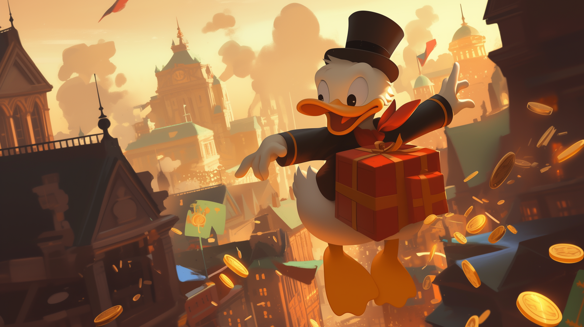 HD desktop wallpaper featuring Donald Duck joyfully holding a gift box, surrounded by golden coins, set against a vibrant cityscape backdrop.
