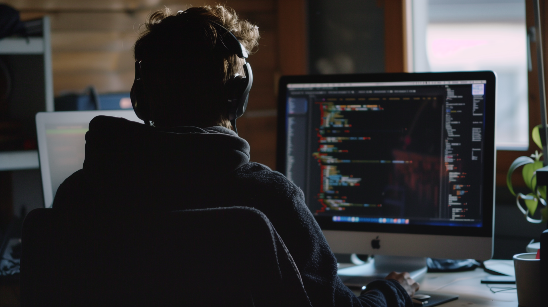 A programmer wearing headphones works in a dimly lit room, engrossed in writing code on a dual-monitor setup. The desktop wallpaper and background image is in HD resolution.