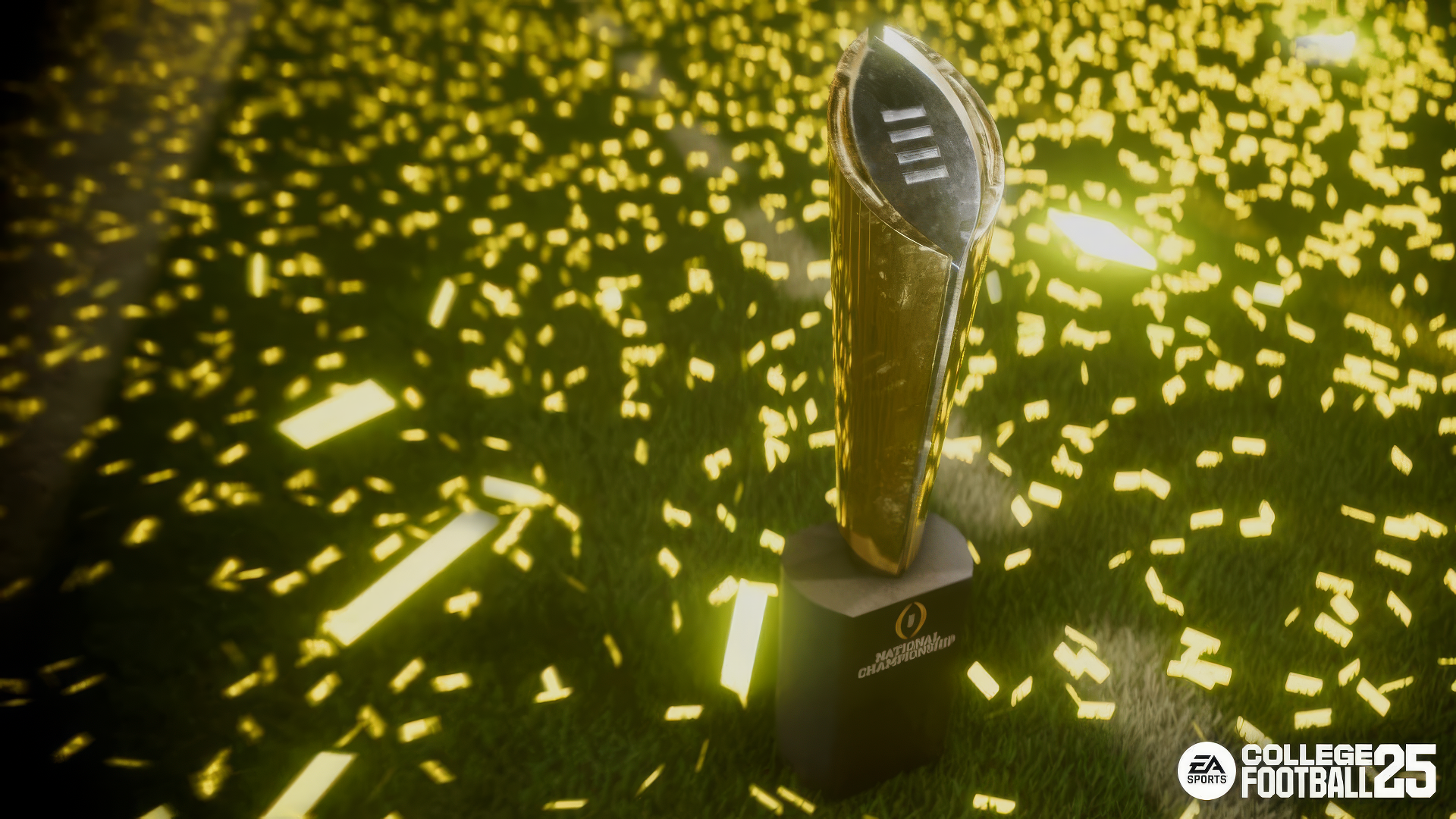 HD wallpaper for EA Sports College Football 25, showcasing a golden trophy amidst a shower of confetti on a grassy field.