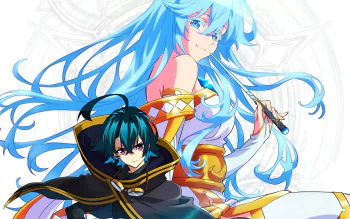 HD PC desktop wallpaper from anime Wistoria: Wand and Sword featuring Elfaria Alvis Serholt with flowing blue hair and Will Serholt in a dark cloak posed before an ornate sigil.