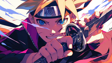 HD anime wallpaper featuring Boruto Uzumaki from the anime series Boruto, depicted in a dynamic pose with intense eyes, holding a weapon, set against a vividly colored background.