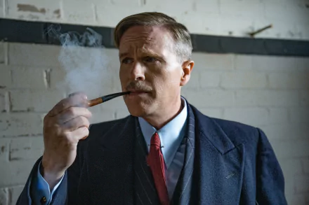 A man in a vintage suit and tie, with a neat haircut, smoking a pipe against a brick wall background, in a still from the movie The Ministry of Ungentlemanly Warfare. This image serves as a high-definition desktop wallpaper.