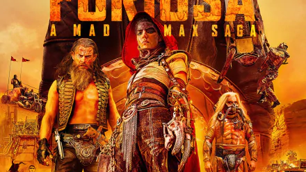 HD desktop wallpaper for the movie Furiosa: A Mad Max Saga featuring stylized characters in a post-apocalyptic setting with a fiery background.