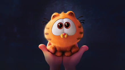 HD wallpaper featuring an adorable animated version of Garfield, the orange tabby cat, sitting in the palm of a hand against a dark blue background.