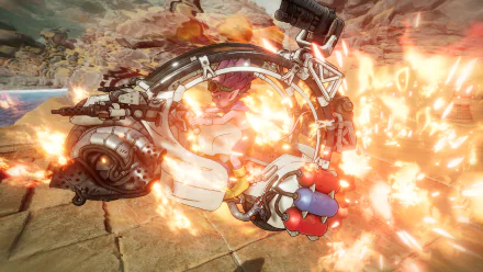 An HD desktop wallpaper from the video game Sand Land, featuring a character in dynamic battle action with explosions and advanced weaponry on a desert-like background.