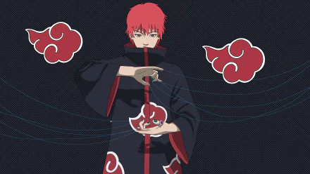 4K Ultra HD anime wallpaper featuring Sasori from Naruto's Akatsuki, set against a dark background with iconic red cloud symbols.