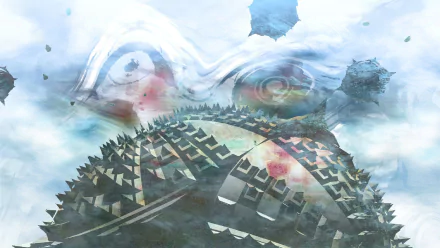 HD desktop wallpaper from El Shaddai: Ascension of the Metatron featuring an abstract, watercolor style depiction of a spiral-eyed figure and fragmented landscape.