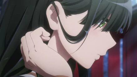 HD desktop wallpaper from Sound! Euphonium featuring a close-up of Reina Kousaka adjusting her hair, highlighting her detailed green eyes and dark hair.