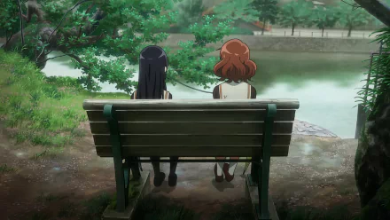 HD wallpaper from Sound! Euphonium anime featuring two characters sitting on a bench by a serene lake, surrounded by lush greenery.
