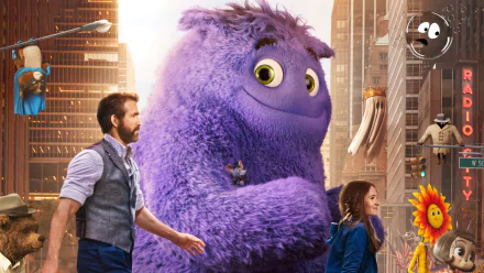 HD desktop wallpaper from the movie IF (2024) featuring Ryan Reynolds, a large purple creature, and Cailey Fleming in a vibrant cityscape.