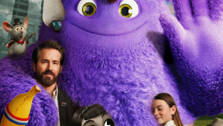 HD desktop wallpaper from the 2024 movie IF featuring Ryan Reynolds and Cailey Fleming with a colorful, large purple creature and other whimsical characters.