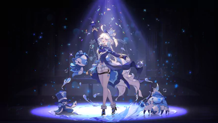 Furina from Genshin Impact captivates in this vibrant 4K Ultra HD wallpaper, surrounded by magical blue creatures and a stunning spotlight, showcasing her enchanting presence.