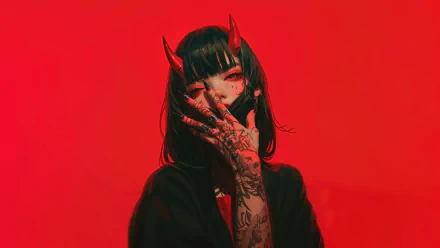 8K Ultra HD anime girl wallpaper featuring a dark-haired character with red horns and intricate tattoos, set against a vivid red background.