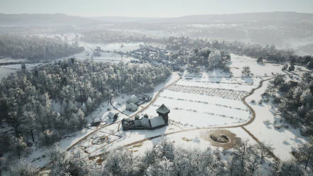 HD desktop wallpaper from the video game Manor Lords, featuring a winter scene with a snow-covered medieval village surrounded by forested hills.