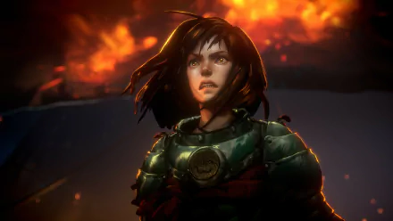 HD desktop wallpaper from the video game No Rest for the Wicked, featuring a determined female character in armor against a fiery background.