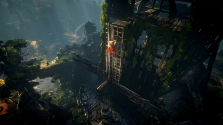 HD wallpaper from the video game No Rest for the Wicked, depicting a character on a lush, vine-covered wooden platform overlooking a forested ravine.