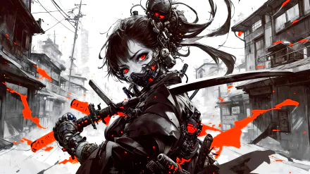HD PC desktop wallpaper featuring a black and white anime girl wielding a katana, accented with striking red highlights.