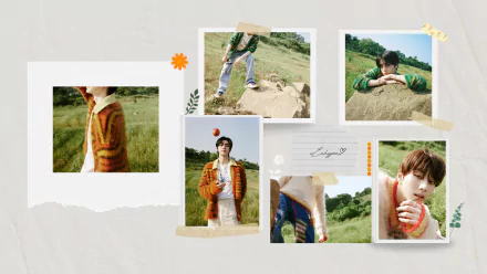 HD PC desktop wallpaper featuring ENHYPEN members in a collage-style layout with outdoor, natural backgrounds and casual outfits.