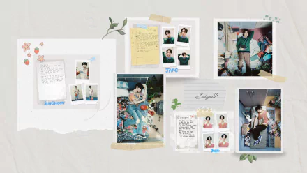 HD PC desktop wallpaper featuring ENHYPEN with scrapbook-style photos, handwritten notes, and floral accents on a light textured background.