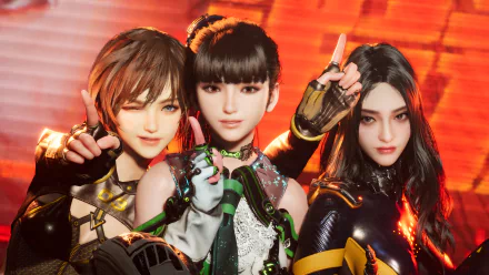 HD desktop wallpaper from the video game Stellar Blade, featuring three female characters in dynamic poses against a fiery backdrop.