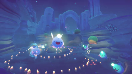 HD desktop wallpaper from Slime Rancher 2, featuring a whimsical nighttime scene with colorful slimes in a mystical landscape.