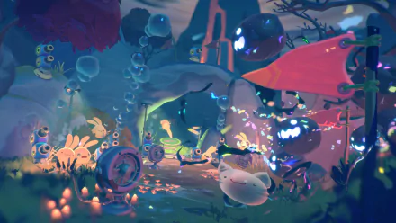 HD desktop wallpaper from Slime Rancher 2 depicting various colorful slimes in a whimsical, glowing forest environment.