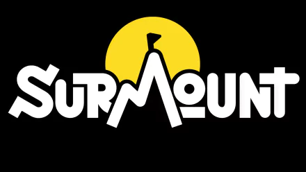 HD desktop wallpaper for the video game Surmount featuring a stylized logo with a silhouetted figure on a hill against a full moon.