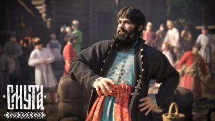HD desktop wallpaper from the video game Smuta featuring a bearded character in historical clothing with a bustling crowd in the background.