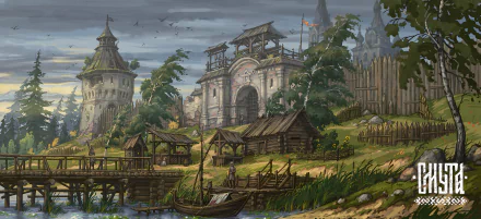 HD desktop wallpaper from the video game Smuta, featuring a medieval village scene with a castle, rustic houses, and a wooden boat by a river.