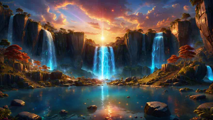 waterfall sunrise landscape AI Art HD Desktop Wallpaper | Background Image