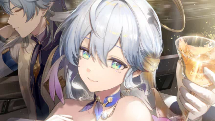 HD wallpaper from Honkai: Star Rail featuring the character Robin holding a drink, with an elegant smile and detailed, colorful backdrop.