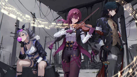 HD desktop wallpaper featuring characters Robin, Kafka, and Blade from the video game Honkai: Star Rail, set against a string-light-lit backdrop.