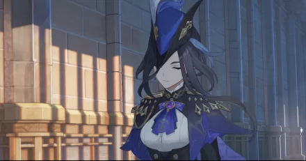 HD desktop wallpaper featuring Clorinde from Genshin Impact, portrayed in a grand room with sunlight casting through windows.