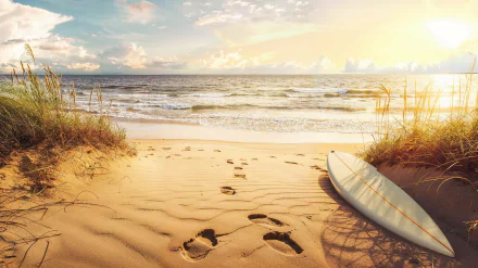 HD wallpaper of a sunny beach scene with footprints in the sand leading to the sea, a surfboard lies nearby, evoking a serene summer day.