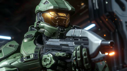 HD desktop wallpaper featuring a detailed image of a Halo game character in green armor holding a futuristic weapon in a sci-fi setting.