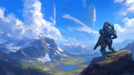 HD desktop wallpaper from Halo Infinite featuring a Spartan on a scenic mountain overlooking a lush valley with towering structures in the background.