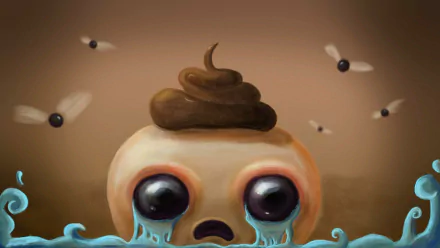 HD desktop wallpaper of a character from The Binding of Isaac video game, featuring a cartoonish figure with large eyes and a poop emoji on its head, surrounded by flies.