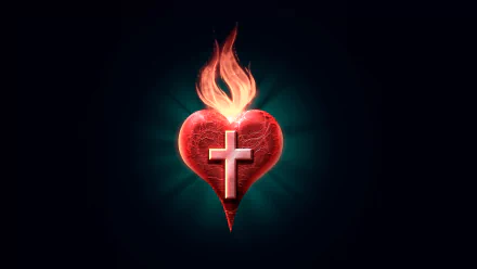 HD desktop wallpaper featuring a flaming heart with a cross from the video game The Binding of Isaac, set against a dark, glowing background.