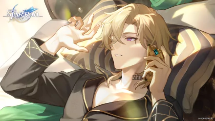 HD wallpaper from Honkai: Star Rail featuring the character Aventurine, depicted relaxing and holding an intriguing device.