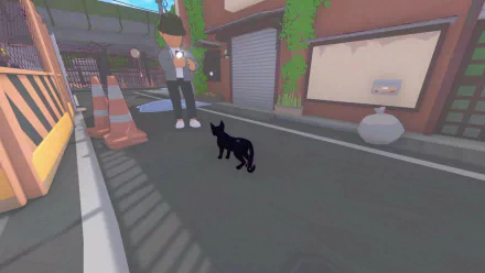 HD desktop wallpaper featuring a scene from the video game Little Kitty Big City, showing a small black cat on a city street with a character in the background.