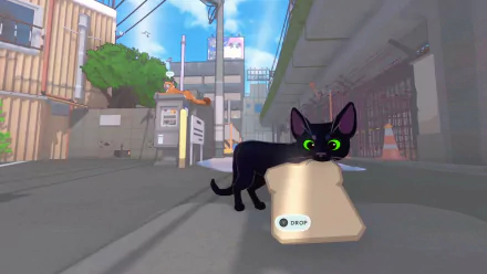 HD desktop wallpaper from the video game Little Kitty Big City, featuring a black kitten in a city environment with a paper bag.