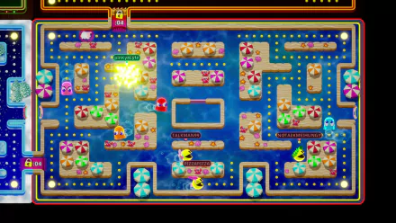 HD wallpaper of PAC-MAN Mega Tunnel Battle: Chomp Champs, featuring a colorful in-game screenshot with multiple players navigating a detailed maze.