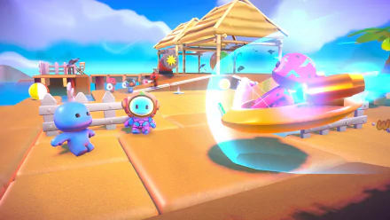 HD wallpaper of 'Rumble Club' video game featuring colorful characters near a bouncing boat on a vibrant, playful dock.