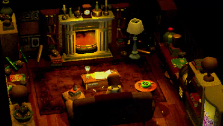 HD wallpaper from the video game Crow Country, featuring a cozy room with a warm fireplace, furniture, and detailed interior.