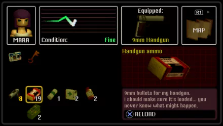 HD desktop wallpaper featuring the user interface from the video game Crow Country, showing character Mara, equipped with a 9mm handgun and various items.