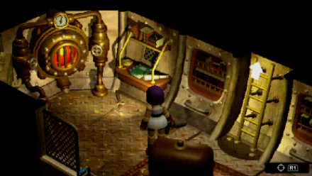 HD desktop wallpaper featuring a scene from the video game Crow Country, showing a character in a detailed, steampunk-style room with various machinery and controls.