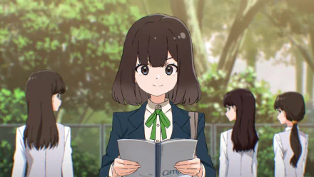 Anime-style HD wallpaper featuring a young female character in a school uniform reading a book among peers, set in a vibrant outdoor setting.