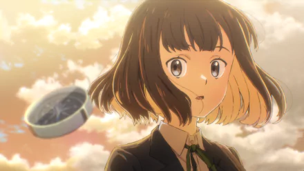 Anime girl with a surprised expression looking at a trapezium-shaped object floating in the air, set against a cloudy sunset sky, in a high-definition desktop wallpaper.
